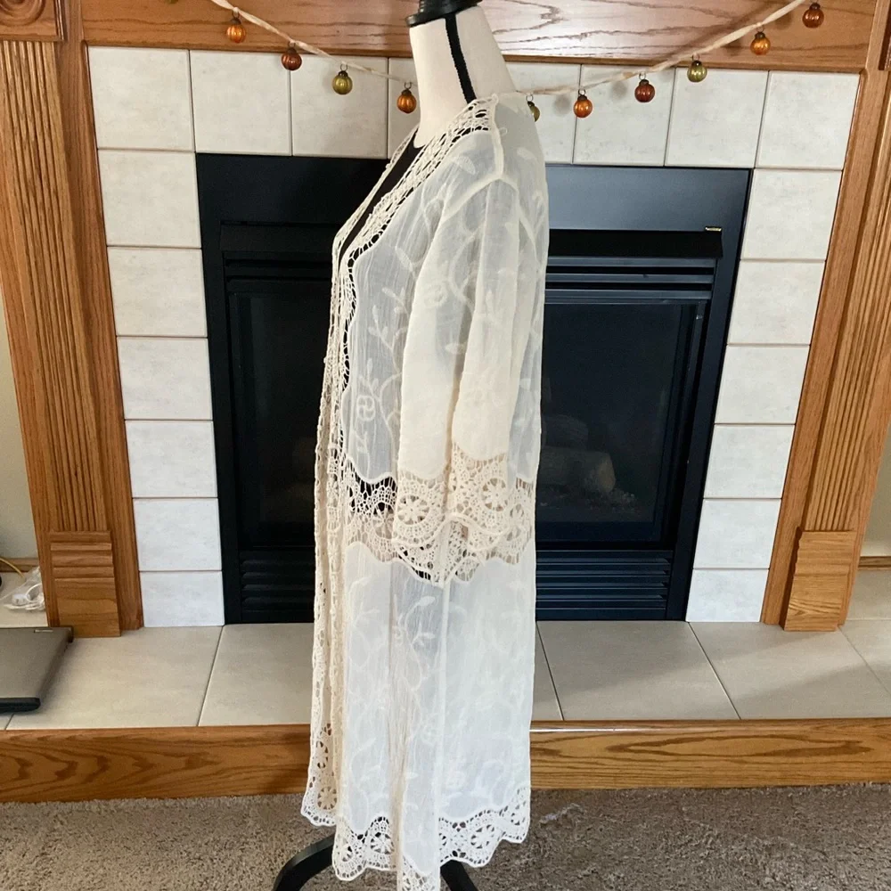 Crochet Open Weave Detail Longline Kimono, One Size Fits Most - Picture 3 of 11